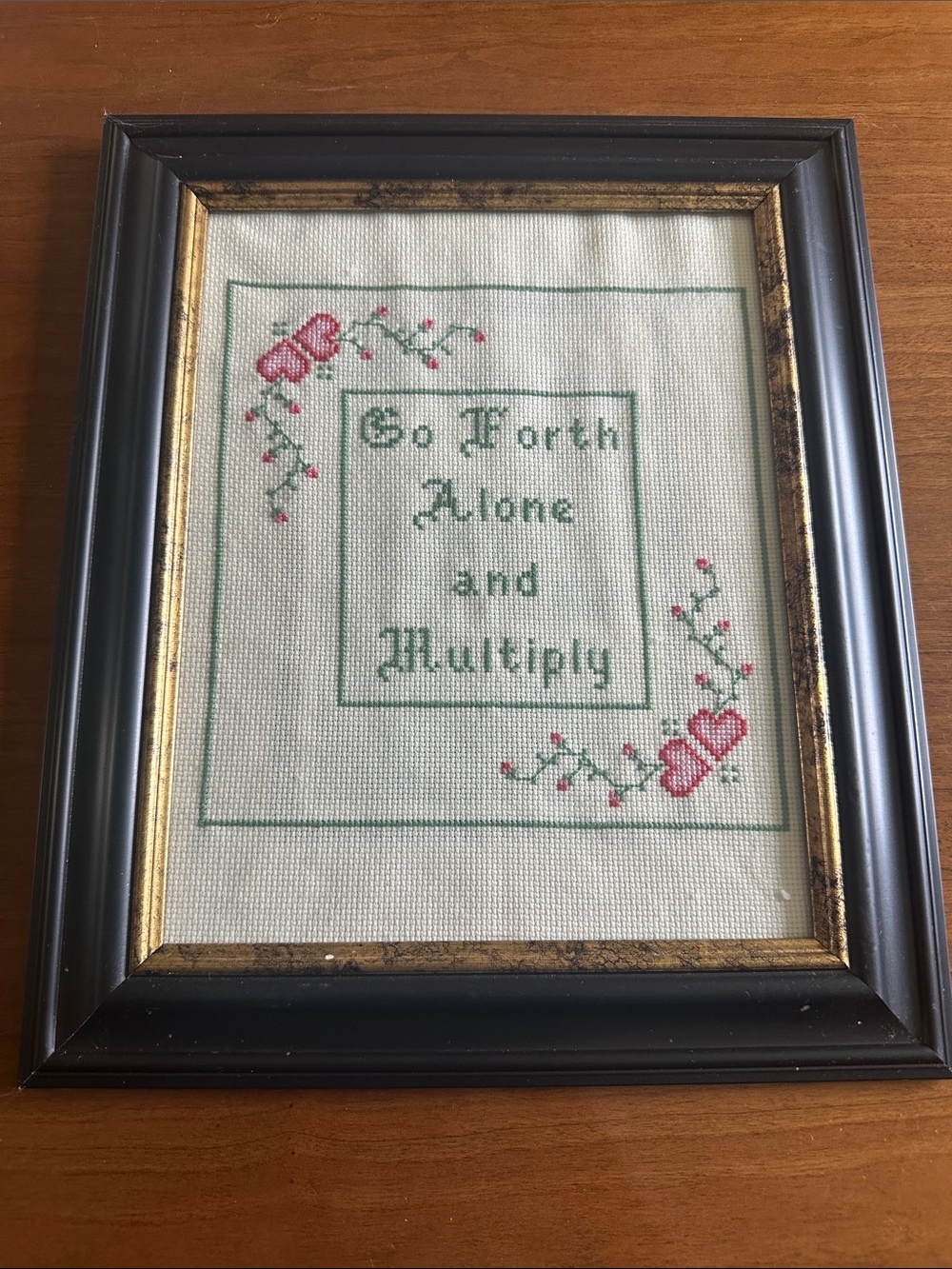 Framed Cross Stitch Quote with Pink Hearts and Green Border